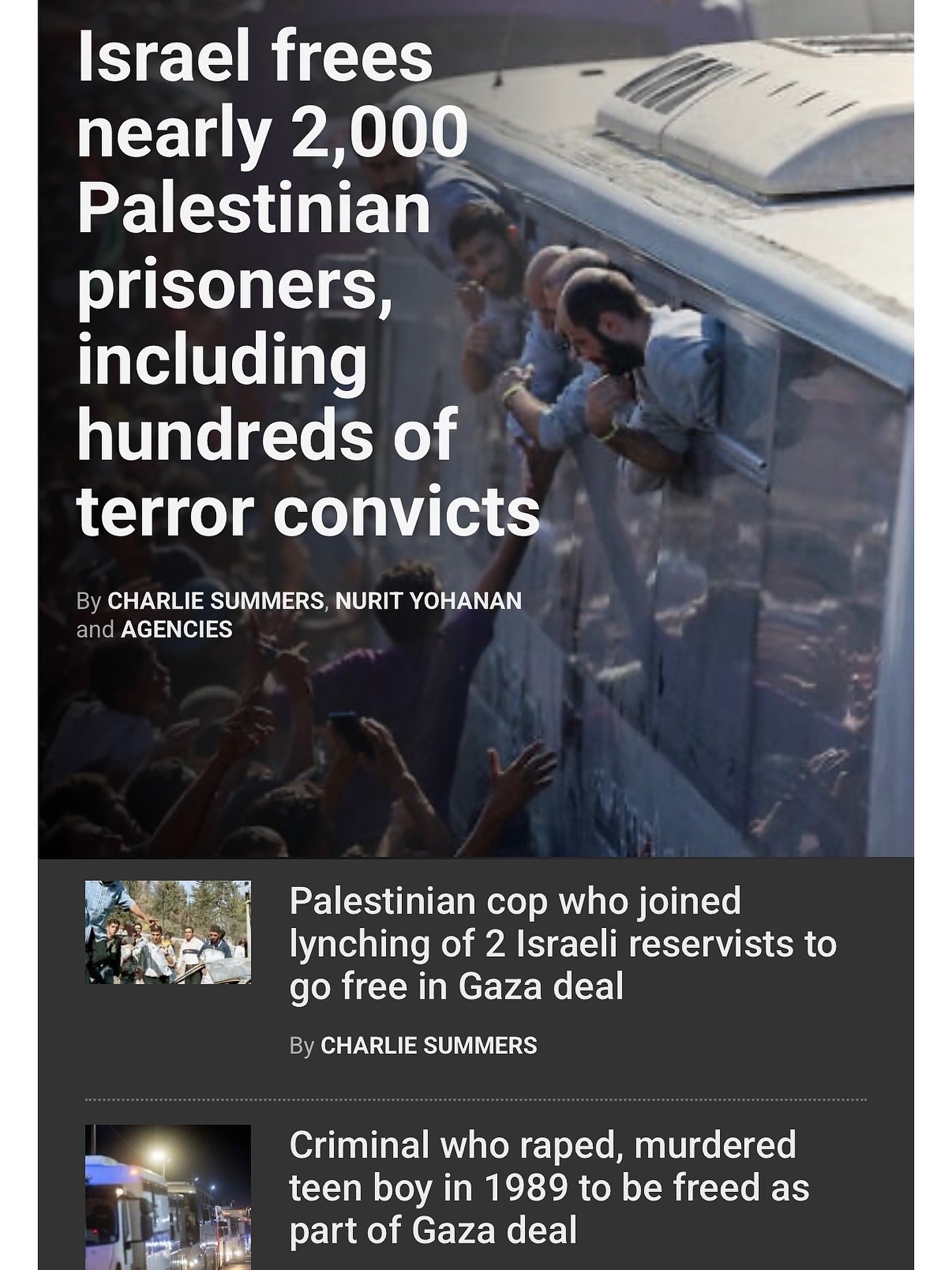 20 Israeli hostages released in exchange for 2000 terrorists. That’s the class of Israel! They are willing to pay any price to save the hostages! As our Lord Jesus paid His life to save our  life!! Thank you Lord that You bring back your children from enemy’s land. 

[Jer 31:16-17, ESV]
16 Thus says the LORD: “Keep your voice from weeping, and your eyes from tears, for there is a reward for your work, declares the LORD, and they shall come back from the land of the enemy.
17 There is hope for your future, declares the LORD, and your children shall come back to their own country.