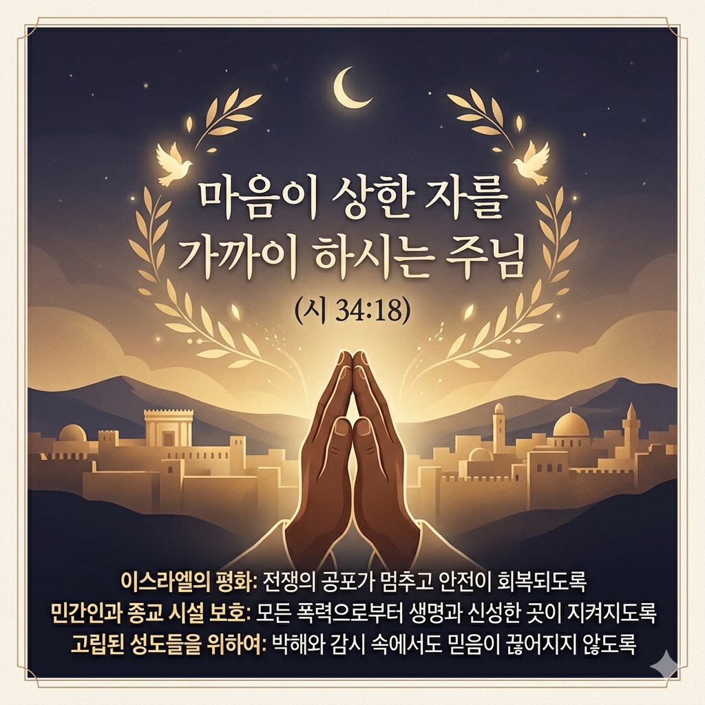 2026년 4월 25일 [오늘의 성경 묵상]
📖 말씀: 시편 34:18
”여호와는 마음이 상한 자를 가까이 하시고 충심으로 통회하는 자를 구원하시는도다“

묵상: 전쟁과 박해의 소식이 끊이지 않는 세상 속에서 우리의 마음은 무겁고 상하기 쉽습니다. 그러나 하나님은 그 고통의 현장에 함께 계시며, 상처 입은 영혼들을 가까이하고 계십니다. 오늘 하루, 우리가 그들의 고통을 외면하지 않고 하나님의 마음으로 함께 기도하기를 원합니다.
[이스라엘과 열방을 위한 중보기도 제목]
1. 이스라엘과 레바논의 실질적인 평화 정착을 위하여
미국 대통령의 중재로 휴전이 3주 연장되었음에도 불구하고, 접경 지역에서는 여전히 총격전과 공습이 이어지고 있습니다. 정치적 협상을 넘어 무고한 민간인들의 생명이 보호받고, 양측의 무력 공방이 완전히 멈추어 진정한 평화의 토대가 마련되도록 기도해 주세요.
2. 전쟁 중 고통받는 민간인과 종교 시설 보호를 위하여
최근 레바논 투입 이스라엘 병사들의 민가 약탈 의혹과 기독교 마을 내 성상 파손 등의 불미스러운 소식이 전해졌습니다. 전쟁의 광기 속에서도 군인들이 윤리적 책임을 다하며, 특히 소수 종교 공동체와 민간인들이 부당한 피해를 입지 않도록, 지도자들에게 공의로운 마음을 주시길 기도합니다.
3. 박해받는 지하 교회와 고립된 성도들을 위하여
2026년 세계 기독교 박해 보고서에 따르면 북한, 나이지리아, 중국 등에서 감시와 규제가 더욱 심화되어 많은 교회가 지하로 숨어들고 있습니다. 특히 알제리와 같은 지역에서는 성도들의 75%가 신앙 공동체와 단절된 채 고립되어 있습니다. 홀로 믿음을 지키는 이들에게 성령의 위로를 더하시고, 신앙의 자유가 회복되는 역사가 일어나도록 기도해 주세요.